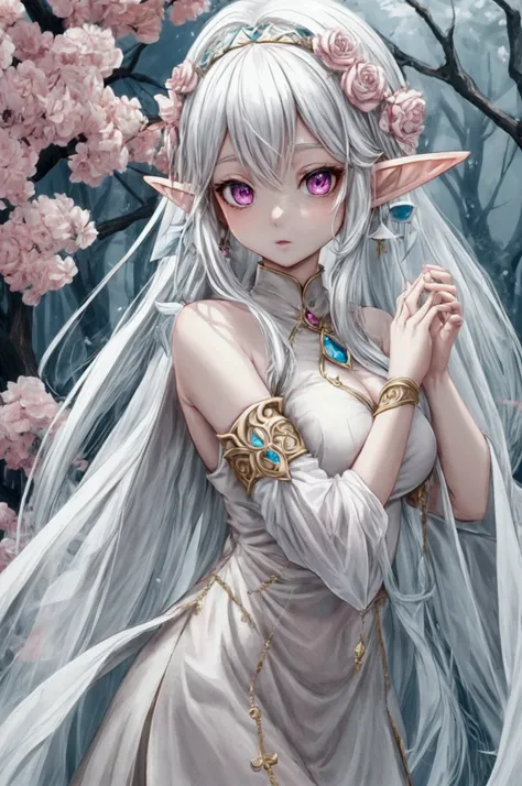 Anime elf girl. White hari, pink eyes, full hd, high quality, best quality, perfect body, wearing elf dress