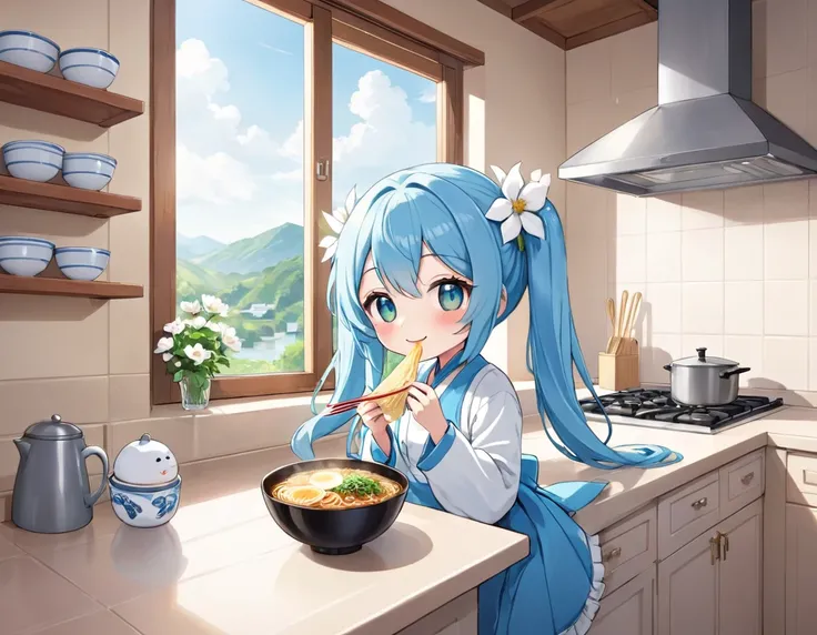 Bright, sunny kitchen、White flowers are displayed on the windowsill、Smiling and eating ramen in the kitchen。Light blue long hair、Twin-tailed Chibi Character、