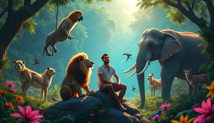 A festive scene in the jungle, with all the animals celebrating. Man is sitting on a large rock, smiling happily, surrounded by his animals. , the lion, is lying down beside him, looking relaxed. , the monkey, is swinging from a tree vine, while  the eleph...