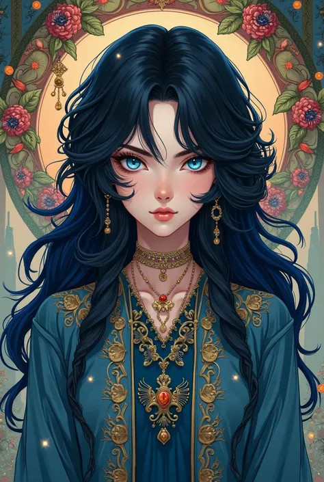 anime ilustration, androgynous, gypsy men, with a very black long hair and blue deep eyes, dressing a gypsy clothes