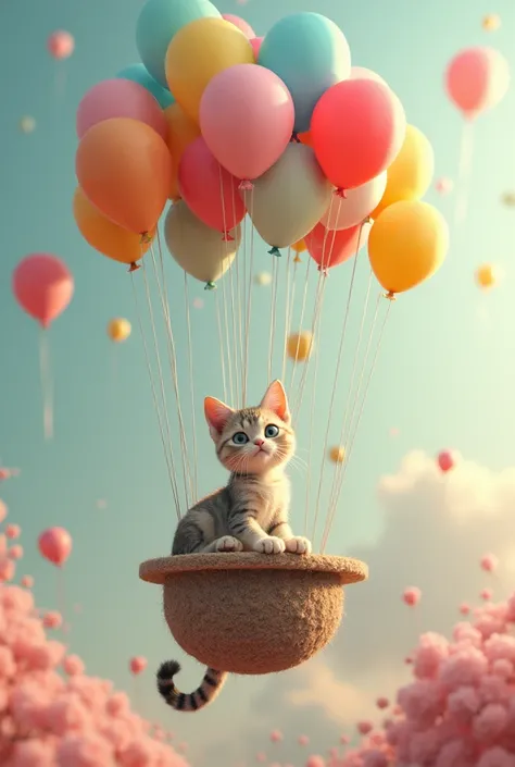 Floating cat tree with balloons 