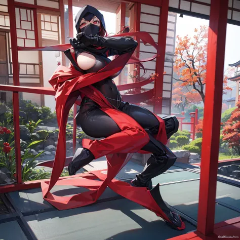 Ninja suit, ninja pose, long red scarf, huge tits Rubor, red eyes, Japanese garden in the background,Transparent mesh on the titsAlta resolución, 