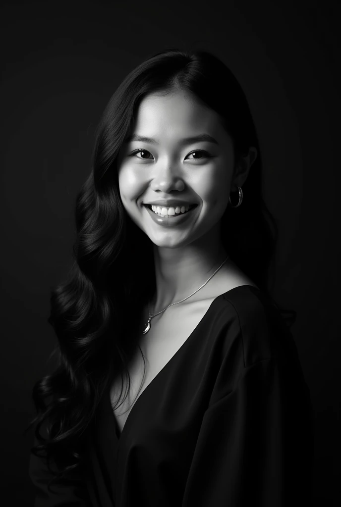 A professional black-and-white portrait of a cute very perfect beauty young indonesian woman, dark hair. has a warm smile, wearing modern stylish fashion. unique character and personality and style. The background is solid black, highlighting her features ...