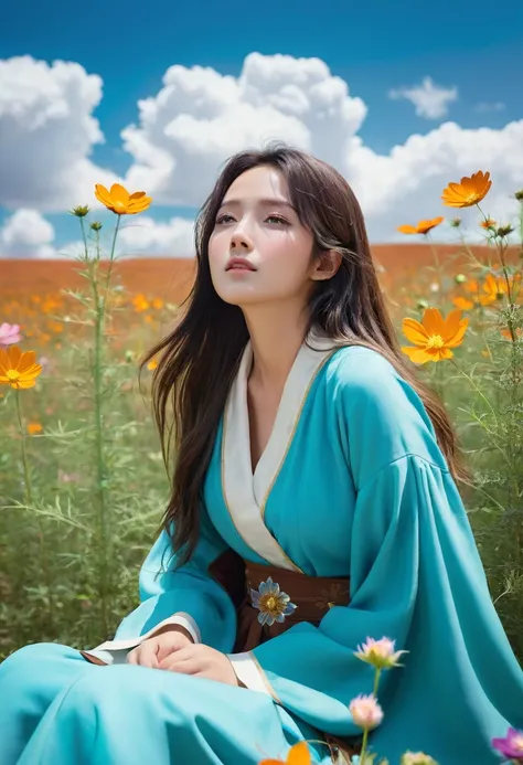 (best quality, masterpiece), Turquoise Screen Filter, (1girl, solo, brown robe, expression face, looking up, sitting, wide sleeves, black eyes, closed mouth, long hair, cowboy shot), (clear sky, cosmos flower filed, cloud),