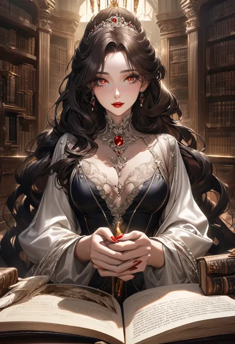 Grand black stepmother clad in high-fashion, silky, elegant classical attire with high neckline and sparkles all over her attire, pearl embellishments, and long sleeves, having a celestial aura, Victorian study background filled with dark mahogany, looming...