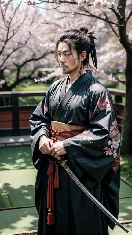 detailed portrait of Miyamoto Musashi, samurai, warrior, stoic expression, muscular build, kimono, sword at waist, katana, standing in a traditional Japanese garden, cherry blossoms, natural lighting, photorealistic, highly detailed, 8k