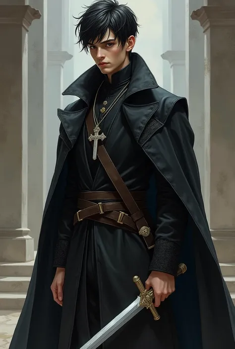 Young adult human cleric with black overcoat and cross lanyard, and with a small sword.