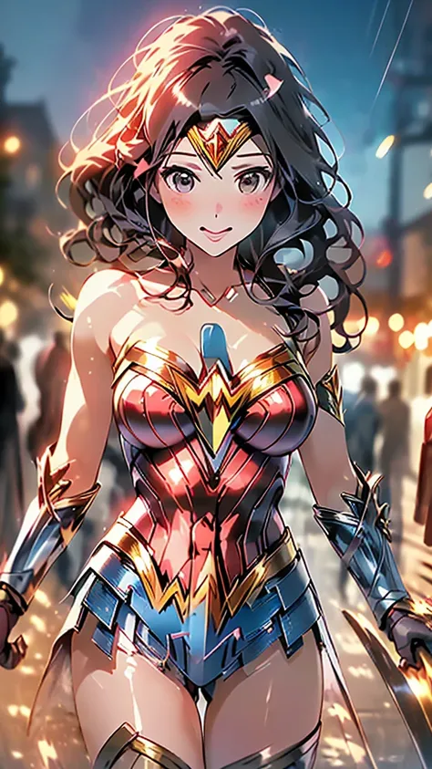 (Close-up of a woman)、((Depiction of only the upper body))、10 generations of women、Pink Lip Gloss、smile、blush、(Open the lipstick a little、High resolution、16K))、Medieval city、(((wonderwoman cosplay)))、Accurate depiction down to the smallest details、Noise is...