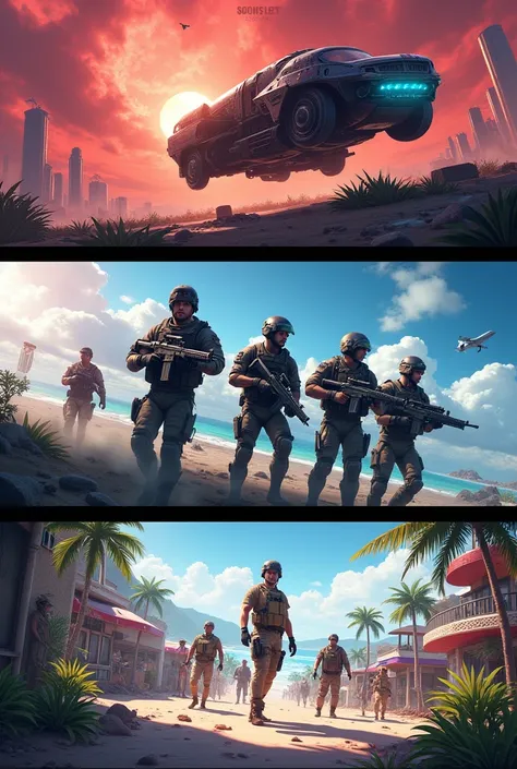 Create an image in which there are 3 separate images which should be the following: Ark Mobile 2.0, Call Of Duty, y Free fire