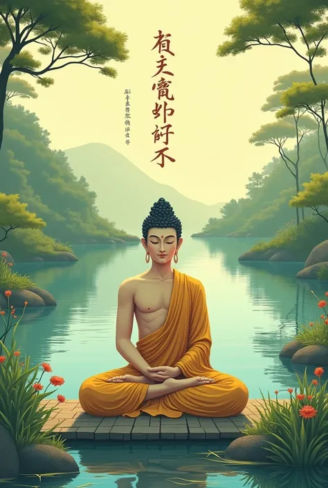 Create an image of the Buddha sitting in front of a lake and a green landscape in Japanese illustration style with a Buddha matra written next to it in Japanese typography, with a yellowish lighting and film image processing for the wallpaper on my cell ph...