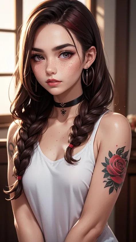 SFW,highest quality,woman,2,backlighting,black choker,blurry background,blush,closed mouth,collarbone,earrings,forehead,freckles,hair over shoulder,jewelry,long hair,looking down,pointy nose,lips glossy,shadow,solo,thick eyebrows,thick eyelashes,upper body...