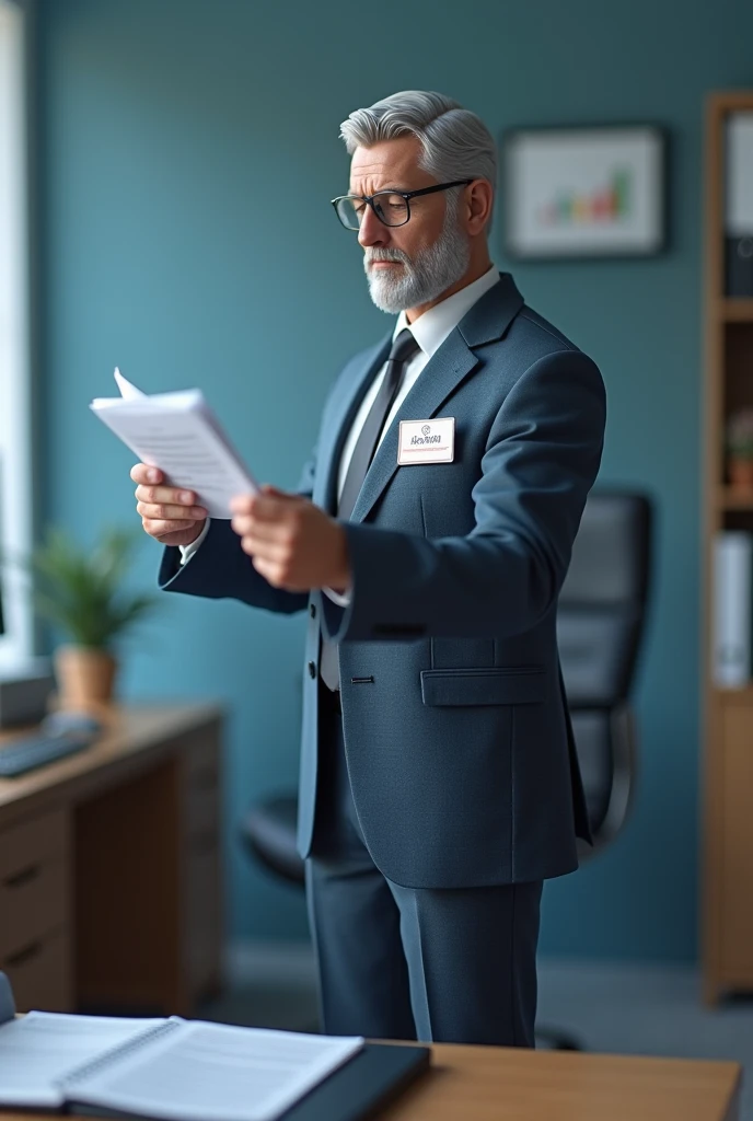 Please draw the package design for a plastic model of a bank clerk.。The model is a male banker wearing a suit.、Wearing a tie and name tag。Model poses at work、deskの前に立って書類を確認している様子です。In the background, part of the office is depicted.、desk、Computer、I can see...