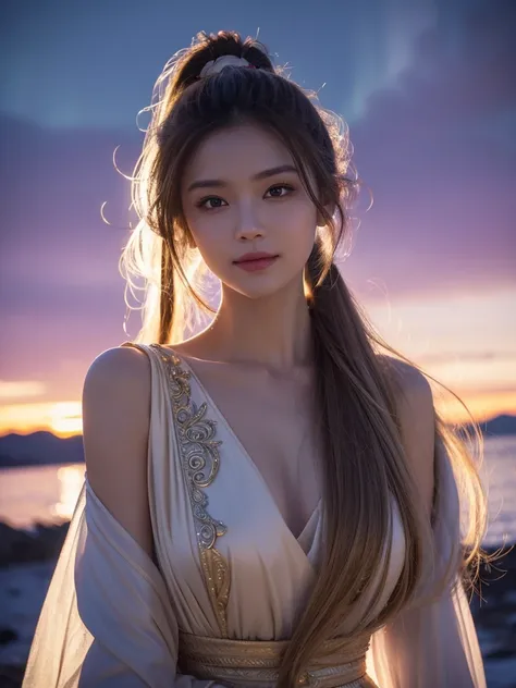  woman with hair flowing long ponytail beige hair,wearing ornate hair scrunchie, voluptuous, standing looking at viewer, head tilt, adjusting her hair,  hair over one eye, seductive smile,    , outdoors, scenery,  expressive eyes, reflective and emotional ...