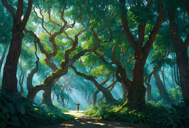 Magical tree, fantasy forest, tropical forest, shining tree, fantasy tree, masterpiece, dark and bright, shadows, night