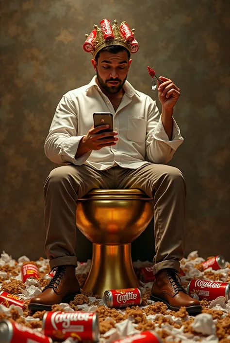 Concept: A person sitting on a gold-plated toilet, surrounded by an excess of fast food wrappers, with a crown made of soda cans. They’re holding a smartphone in one hand and a fork dripping with sauce in the other, looking content but utterly disconnected...