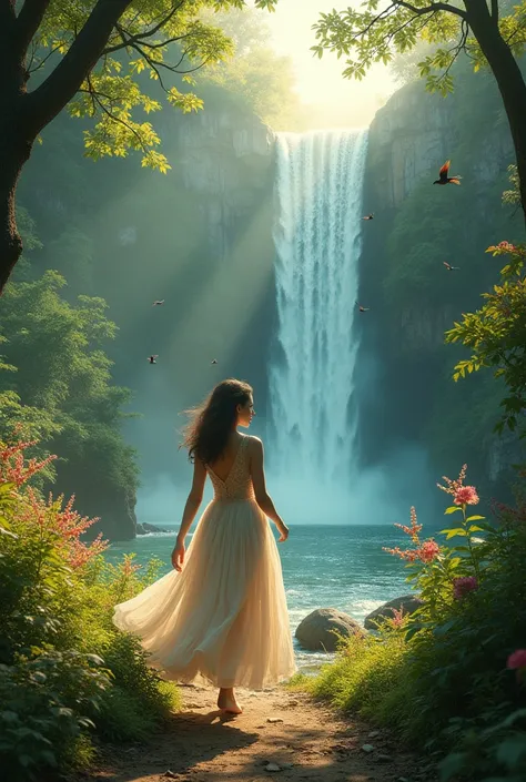 a beautiful girl walking towards a vibrant waterfall in a lush green forest, sunlight streaming through the trees, colorful birds flying overhead, (best quality,4k,8k,highres,masterpiece:1.2),ultra-detailed,(realistic,photorealistic,photo-realistic:1.37),d...