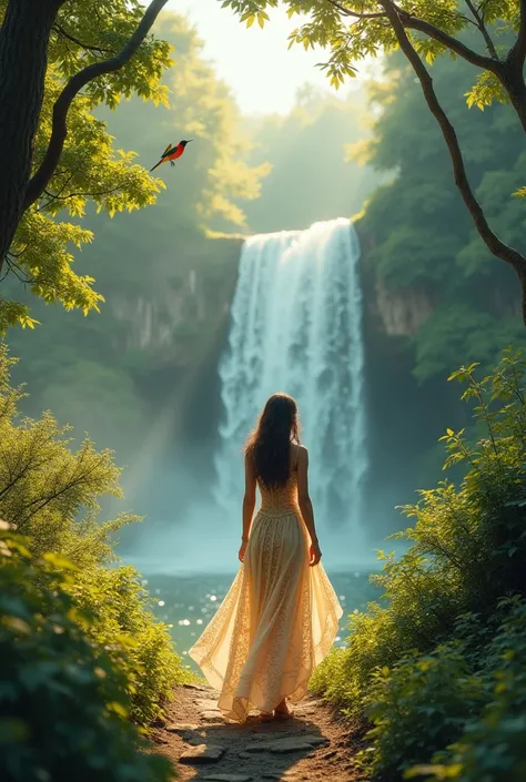 a beautiful girl walking towards a vibrant waterfall in a lush green forest, sunlight streaming through the trees, colorful birds flying overhead, (best quality,4k,8k,highres,masterpiece:1.2),ultra-detailed,(realistic,photorealistic,photo-realistic:1.37),d...