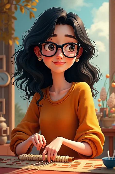 30 year old woman, black hair, black glasses weaving, animated art