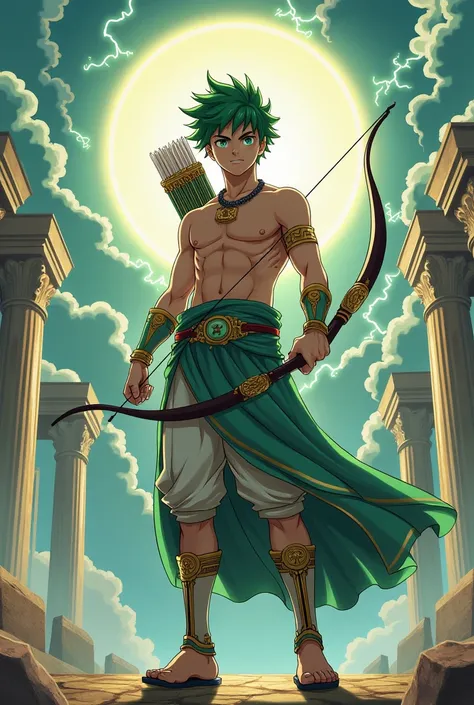 Izuku Midoriya, green hair, Son of Zeus, Apolos Mode, ancient greek clothes, shirtlees, Archer and Lighthing. 16 years