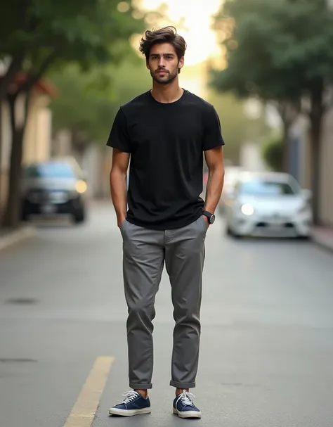 A 30 year old man in a quiet street, wearing a Black tshirt, grey chinos and navy plimsols, full body, looking at viewer, Surfer style