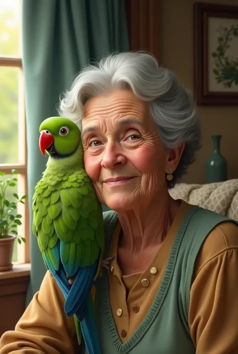 Grandma with green parrot 