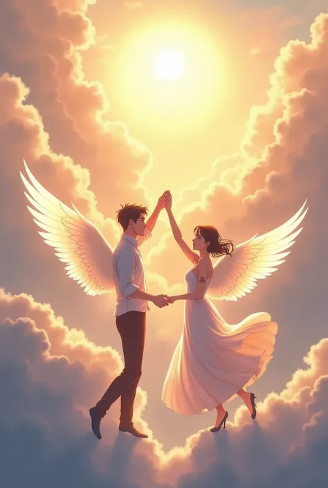 Very detailed image of a couple, man and woman, of anime-style angels dancing on the clouds .amidst the brightness of the sun 