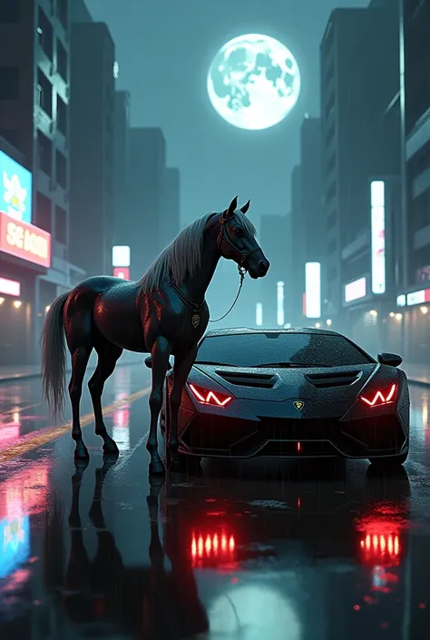 Cyber realestic pony and Lamborghini black at front and raining and full moon night 
