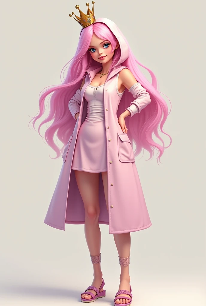 Well, I want you to illustrate the cartoon of Princess Bubblegum for me, but as if she were human, TRUE? I mean, como de a persona utilizando la ropa de la Dulce Princesa, con a peluca, pues I mean, with her hair so long and with a hood, but of a lighter t...