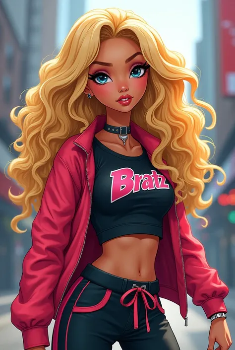 Bratz blonde with curly hair, eyeliner, sports clothes 