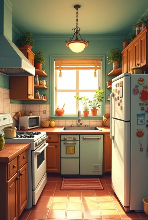 A illustration of familiar empty kitchen in Dan Santat style
