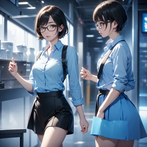 Alone, 1 adult girl, medium breasts, short hair, japanese, glasses, light blue shirt slightly open, elegant black skirt for work, at work 