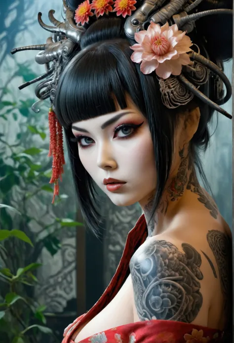 stunningly gorgeous beautiful perfect hr giger inspired inspired tattooed sexy seductive lulu geisha , perfect face, hyper detai...