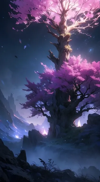 A giant black tree with a black trunk and branches, massive white floating leaves, in a purple mystical space, magical tree, (best quality,4k,8k,highres,masterpiece:1.2),ultra-detailed,(realistic,photorealistic,photo-realistic:1.37),intricate details,drama...