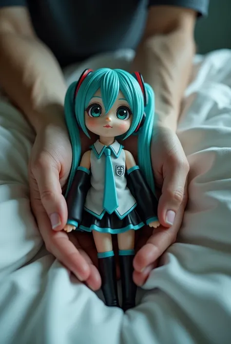 I want you to generate me an image of a white male holding a miku hatsune doll in his hands in his bedroom and only show his hands and the miku doll but make it realistic 