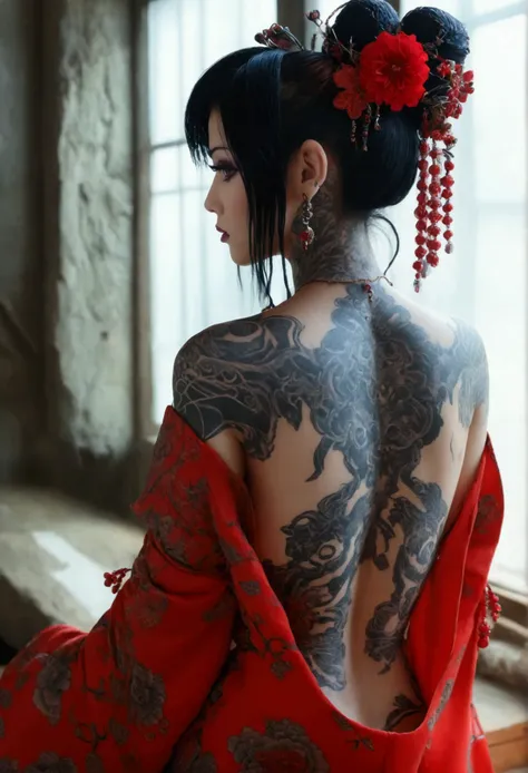 Stunningly gorgeous beautiful perfect hr giger inspired inspired tattooed sexy seductive Geisha lulu , perfect face, hyper detailed vibrant eyes, large breasts, full body view, nude, no color black and gray only, back to viewer looking forward,