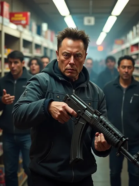 elon musk robs a store at gunpoint, holding an ak47, ultra realistic