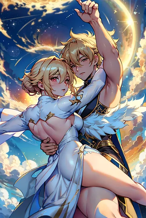 Large detailed image of a couple, man and woman, of anime-style angels dancing on the clouds , amidst the brightness of the sun and stars