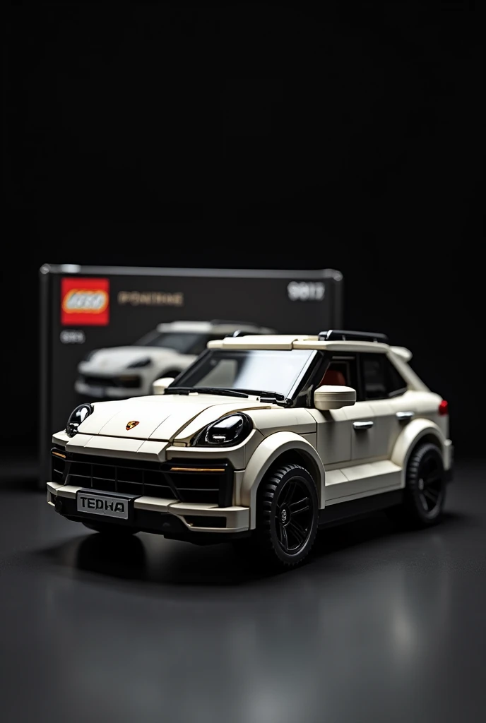 Draw a Porsche car as lego with the box from the lego behind the car in a black room. Porsche&#39;s cayen
. with the Porsche logo on the front