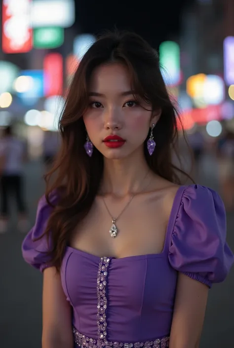 ((a beautiful short height girl full-body view in 9:16 ratio)), wearing a EMBELLISHED skirt dress, purple t-shirt with puffed sleeves, depth of field, night photography, professional photography, high contrast, long brunette hair, silver love pendant neckl...