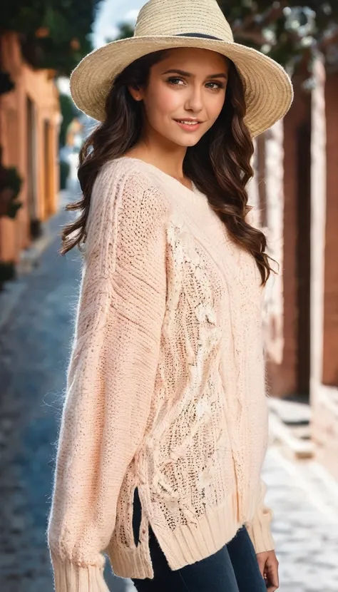 nina_dobrev,happy, smiling, long hair, realistic, colorful knitted sweater, over-ear headphones, walking down a picturesque road, 1girl, solo, looking at viewer, hat, upper body, braid, flower, parted lips, twin braids,  straw hat, ((perfect eyes, detailed...