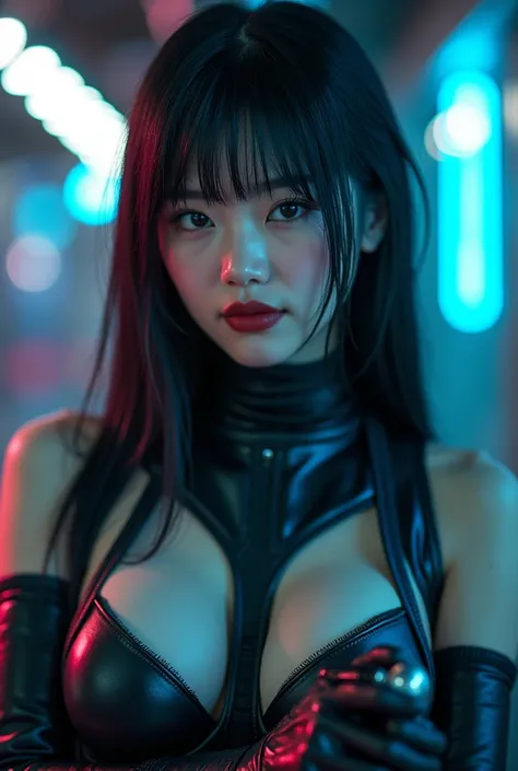 a portrait of a pretty young Asian woman, cool，gundamwingcockpit, futuristic, scifi, plugsuit, transparent latex, goth, dark lips, large breasts, solo, black hair，straight hair, gloves, dutch angle, smirk, controls, joystick, holographic interface, technol...