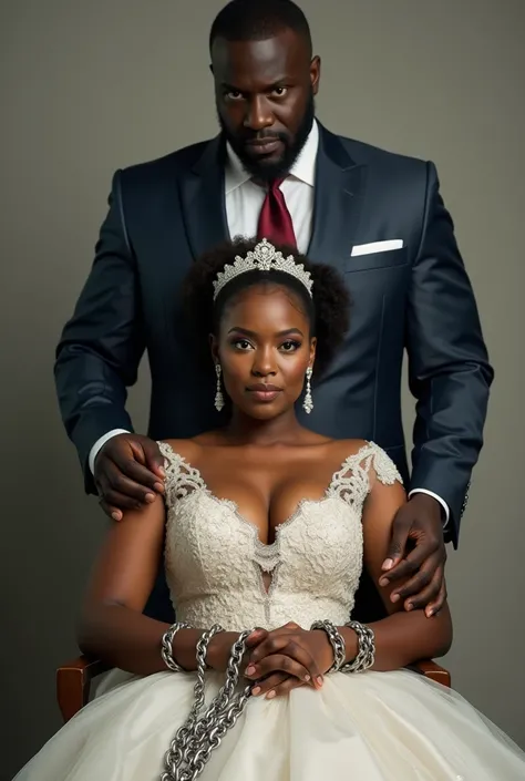 African bride, seated in a luxurious wedding dress, holding a bouquet, her wrists bound with chains that rest heavily on her lap.She appears confident and stunning with a healthy and few plumping figure Behind her stands a tall, imposing African man in a s...