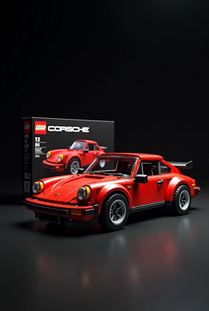 Draw a Porsche car as lego with the box from the lego behind the car in a black room. Porsches old timer
. with the Porsche logo on the front