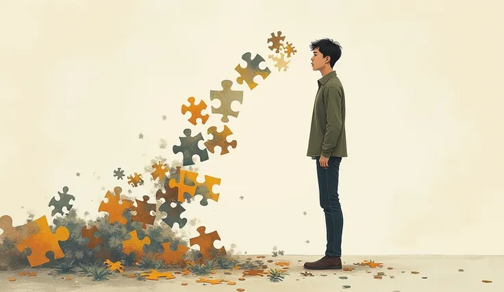 As more pieces fall into place, the puzzle turns into a beautiful picture, representing the transformation of someone&#39;s life, Illustration drawing stoicism