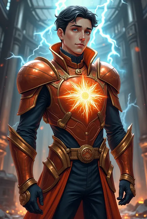 Nicola Tesla anime style in copper armor with a Tesla coil on his chest 