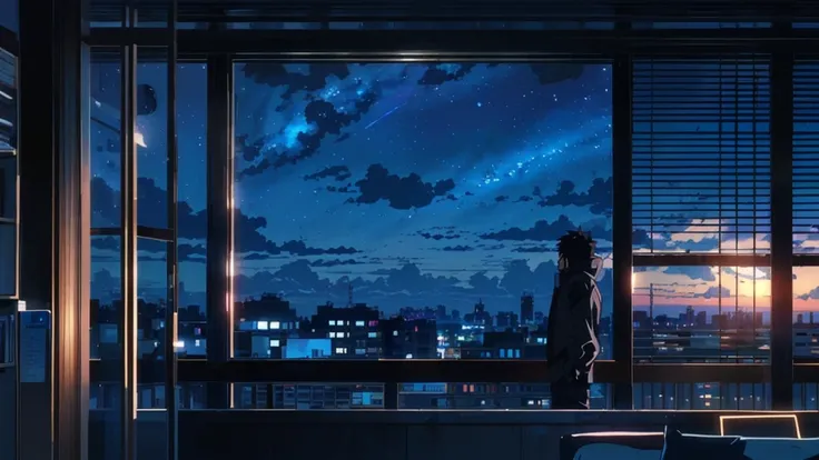 anime scene of a man looking out a window at the city, makoto shinkai style, beautiful anime scene, in style of makoto shinkai, anime Sky, beautiful sky, anime background art, anime movie background, 4k anime wallpaper, cosmic skies. by makoto shinkai, mak...