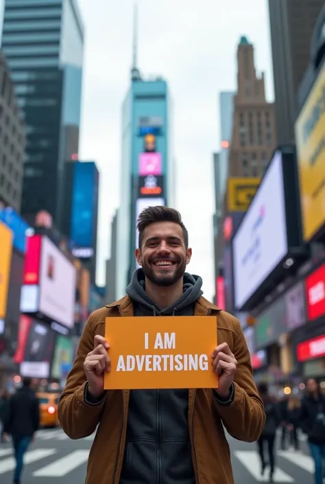 A happy man holding a sign that says I am advertising, In a city where everything is a financial market and everything depends on it 