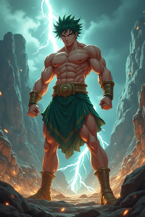 Izuku Midoriya, Son of Zeus, Hefestos  Mode, ancient greek clothes, shirtlees, lighthing. 16 years