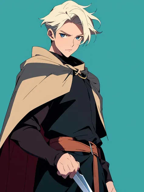 anime lines, blond boy with blue medieval cape, he is the demon king, but he has a nice face, is all funny holding a simple sword pointing up with his hand on his waist, plain color background for cutting