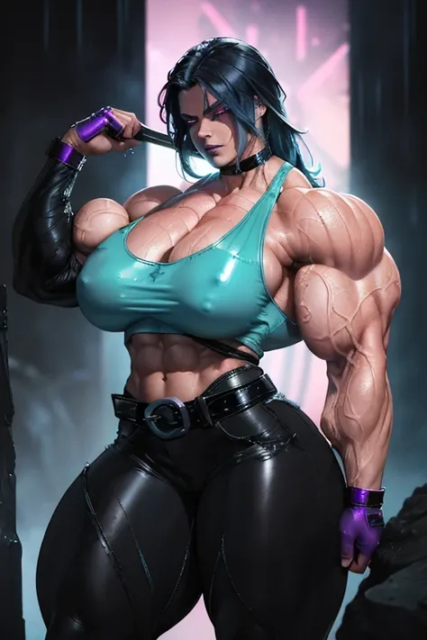 ((Close-up)), tall, ((wet cyan blue hair)) beautiful muscular woman, long beachy hair, (sparkly wet pale white skinned), closed smile, huge breast, (black lipstick), (massive muscles), (hyper muscle), (((ginormous bulky muscles))), ((glowing purple eyes)),...